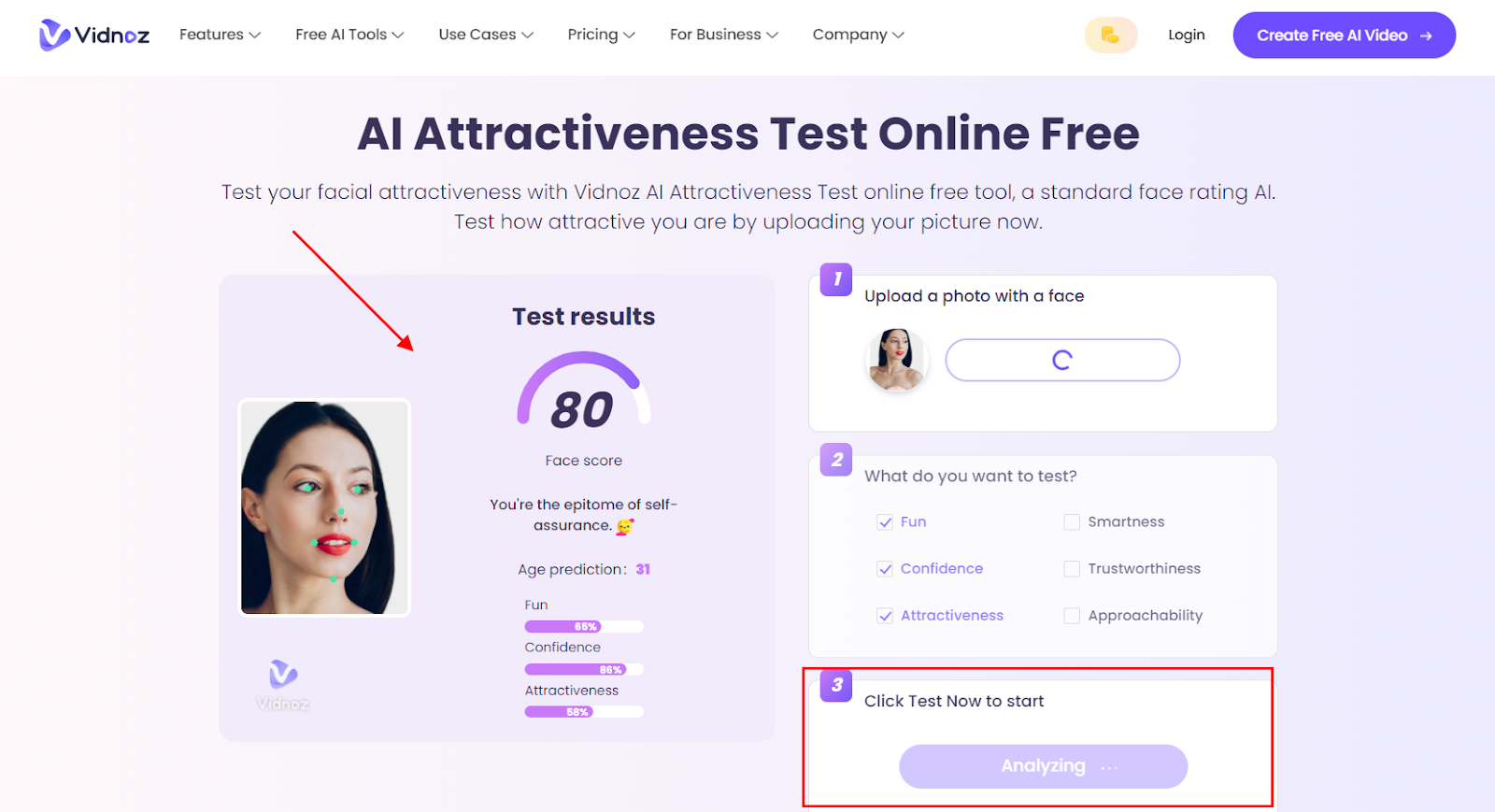 Step 3 of Using Vidnoz AI Attractiveness Test