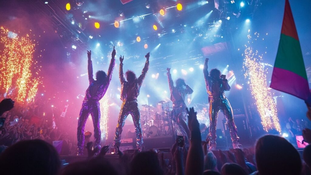ABBA 50th anniversary Eurovision stage performance with colorful lights