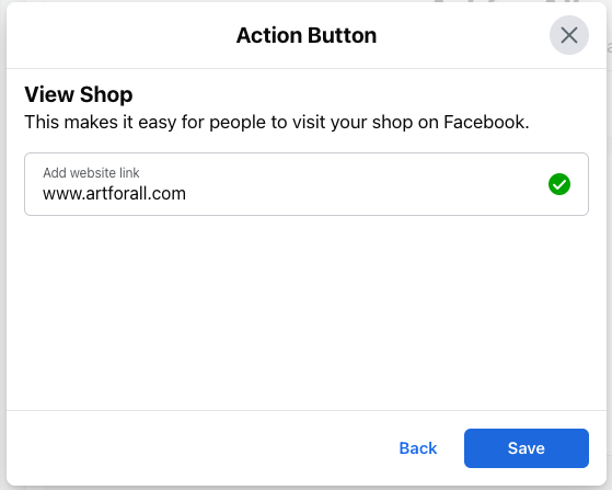 Facebook business Page Action Button confirmation screen