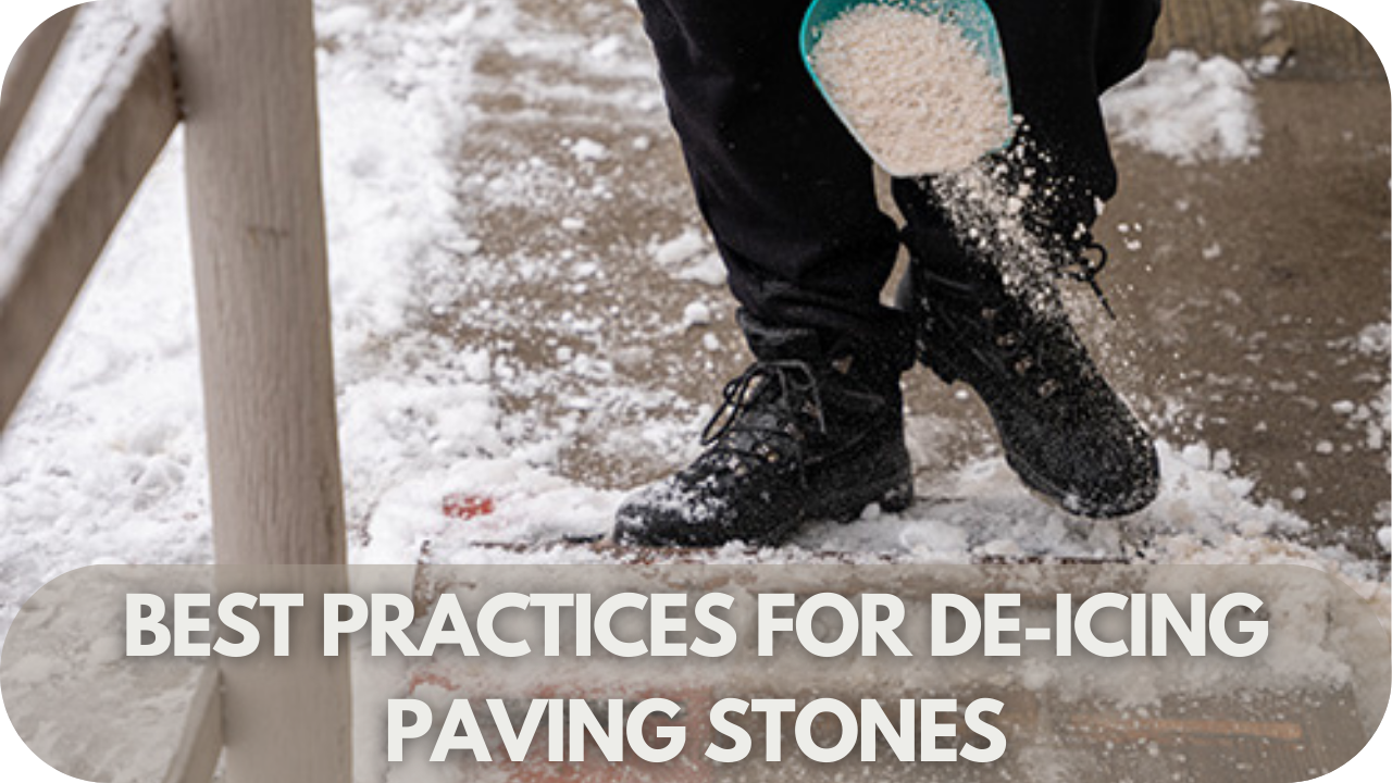 A person applying de-icing material on paving stones with care, following best practices for safety and durability.