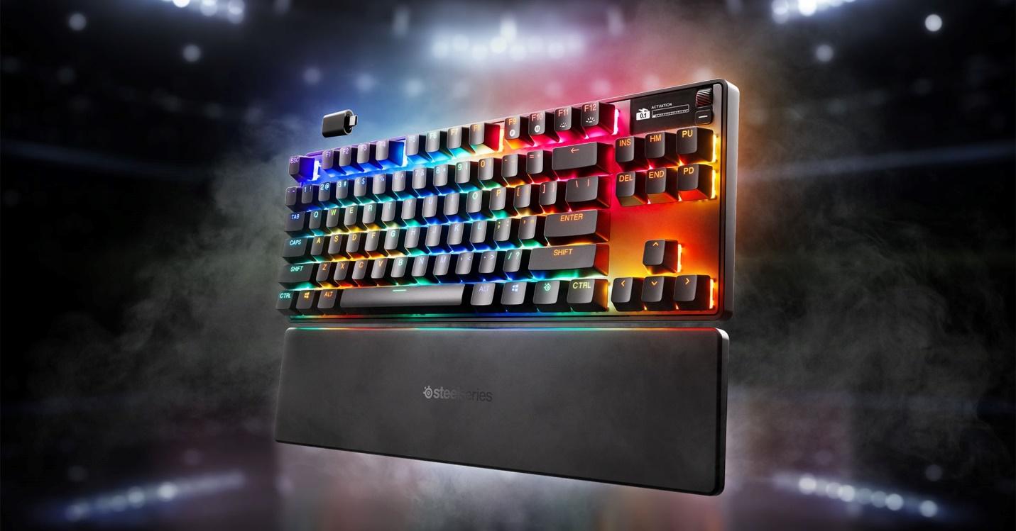 A black keyboard with rainbow colored keys

Description automatically generated