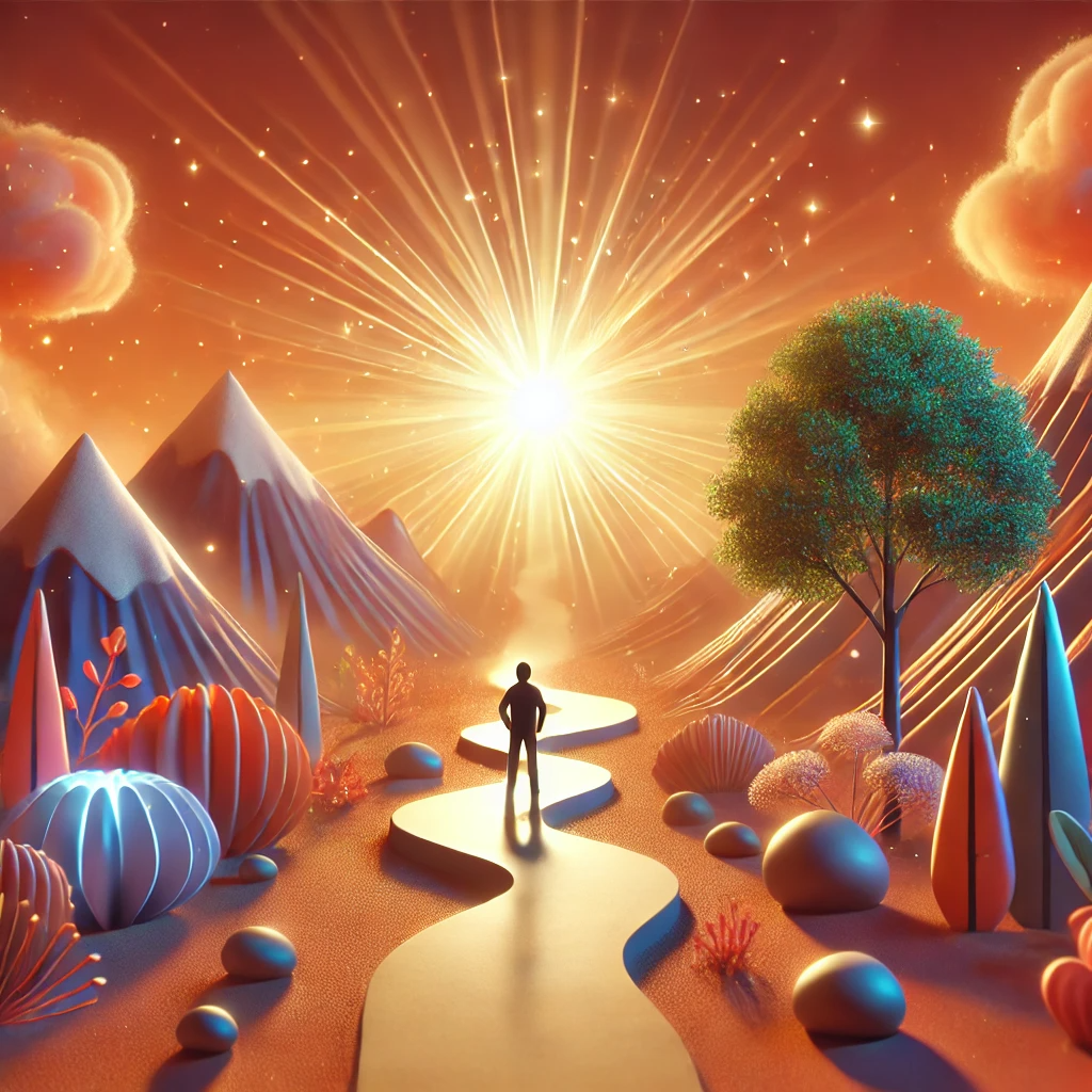 A person stands at the beginning of a path that leads toward a glowing light or radiant source in the distance, symbolizing their journey toward self-discovery and empowerment. The path is flanked by trees and mountains, representing growth and challenges. The atmosphere is warm and uplifting, with vibrant colors conveying a sense of inspiration and hope.