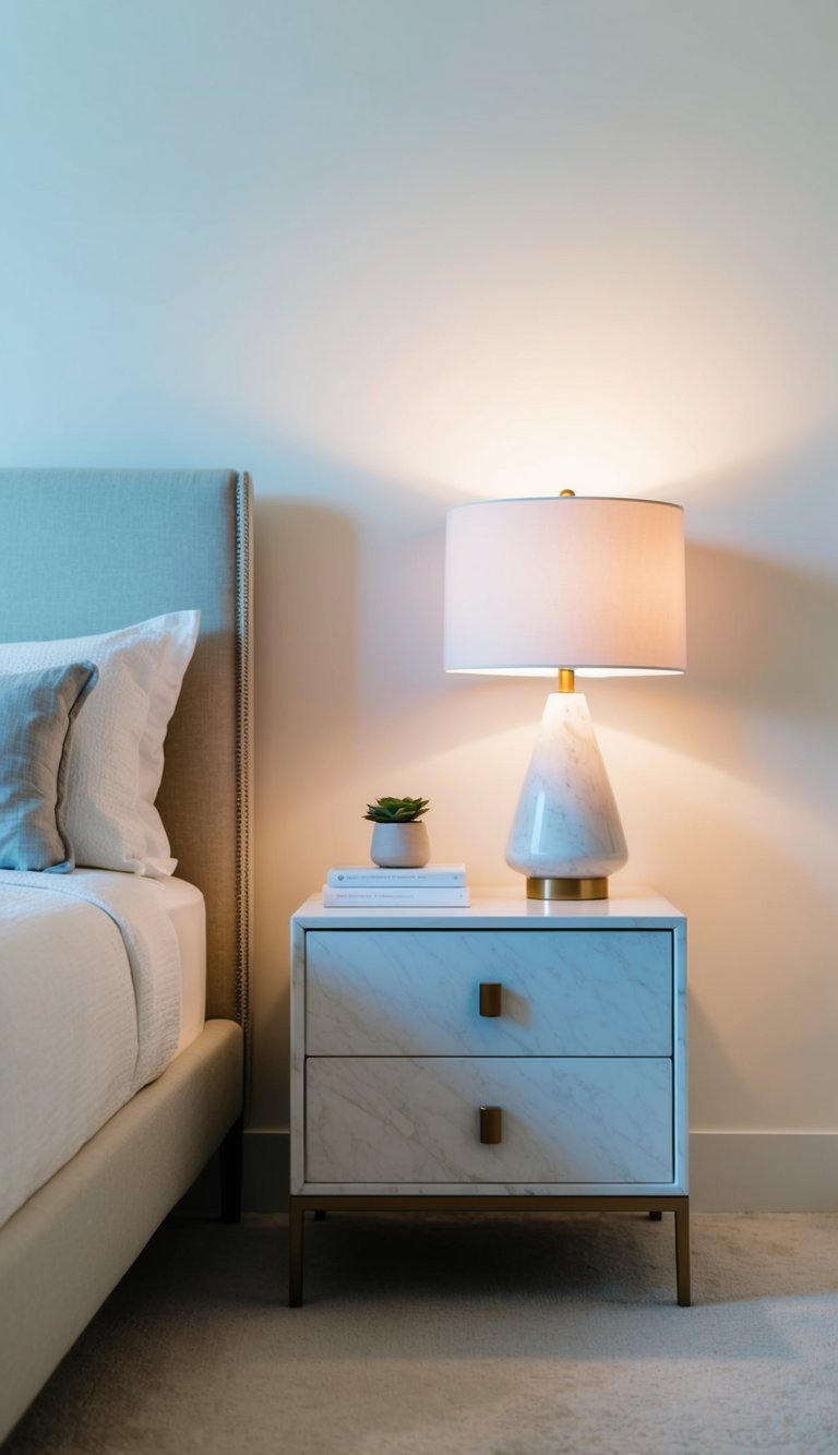 A serene, minimalist bedroom features a white marble nightstand illuminated by soft, warm light.