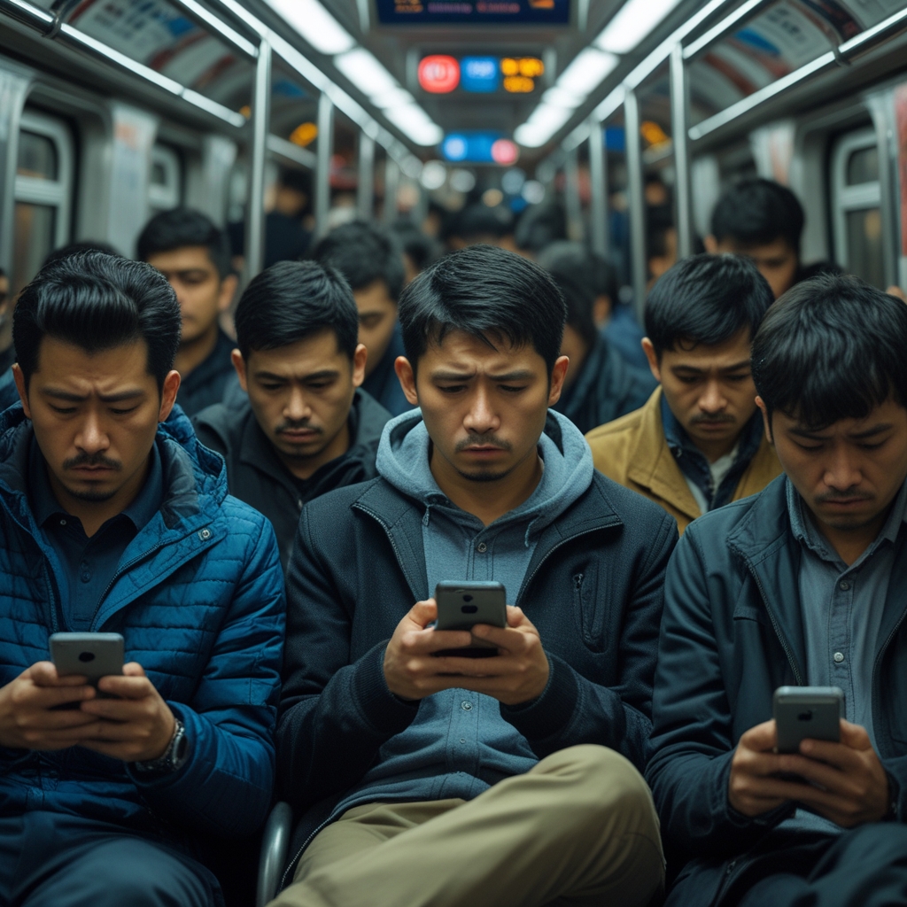 A crowded subway with multiple men staring at their phones with the same haunted expression