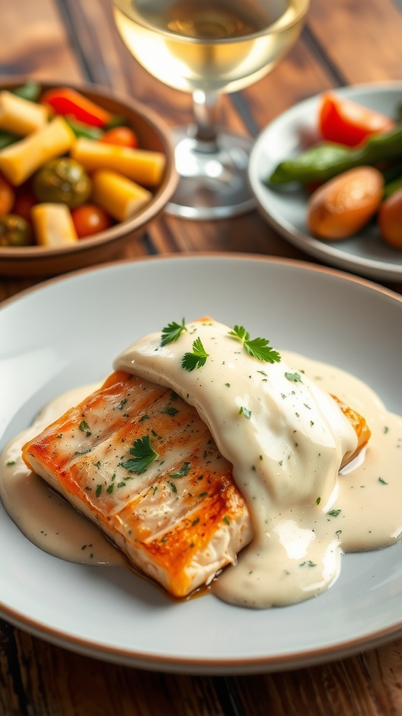 Plated Tuscan salmon fillet with creamy parmesan sauce and garnished with parsley, next to a glass of white wine and sautéed vegetables.