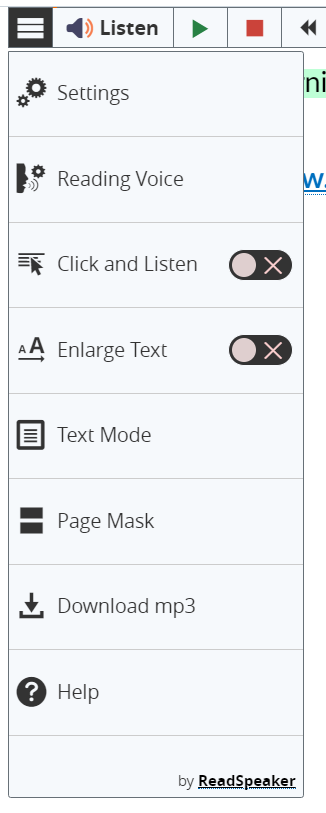  Screenshot of a vertical list of options under a "Listen" header panel. It features icons and labels for settings such as "Reading Voice" and "Text Mode," along with options for accessibility, text adjustments, and audio controls.