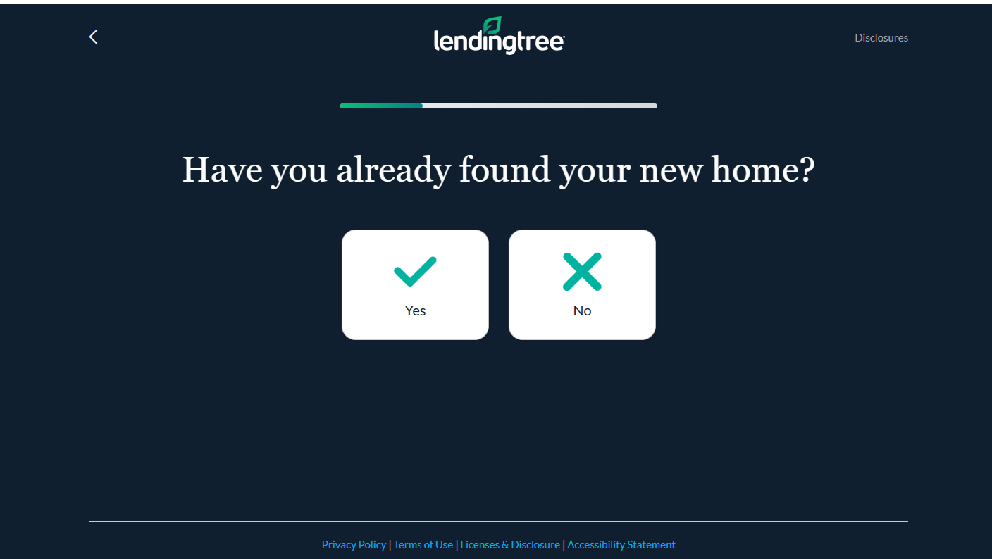 A screencap of the LendingTree website asking whether you have found your new home