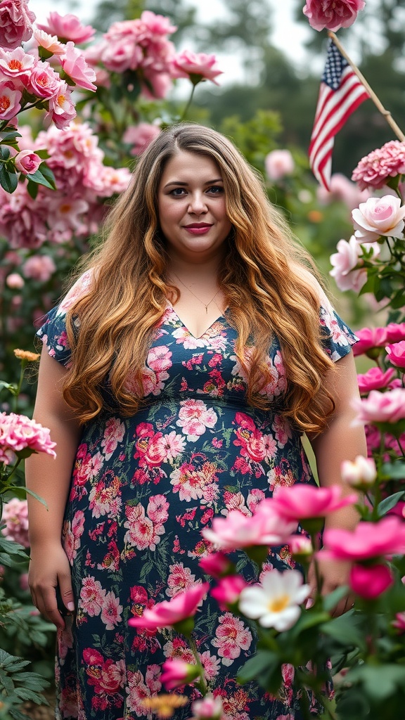 A woman with long layered hair styled in soft curls standing among pink flowers.