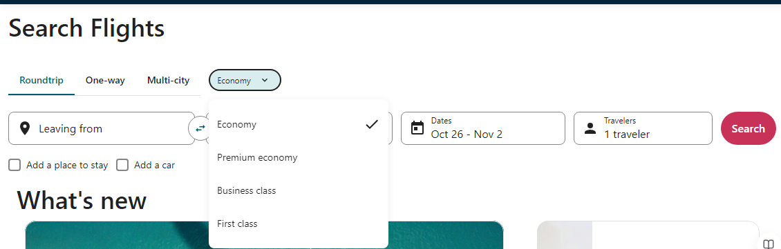 Open the Orbitz official site Flights tab and choose among Round Trip,
