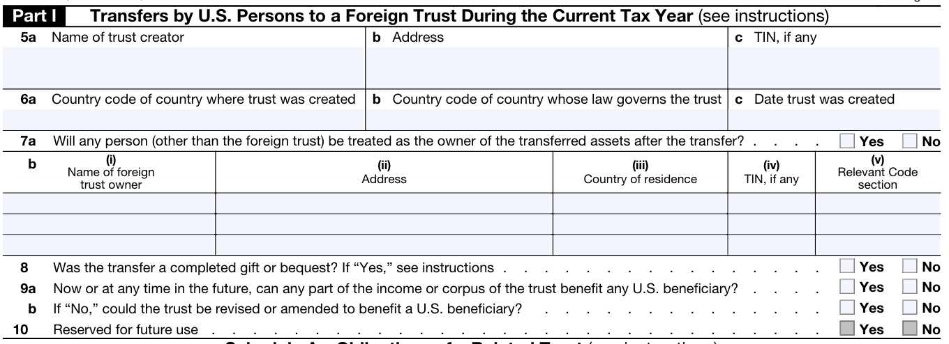 Screenshot of Part I of Form 3520: Transfers by US Persons to a Foreign Trust During the Current Tax Year