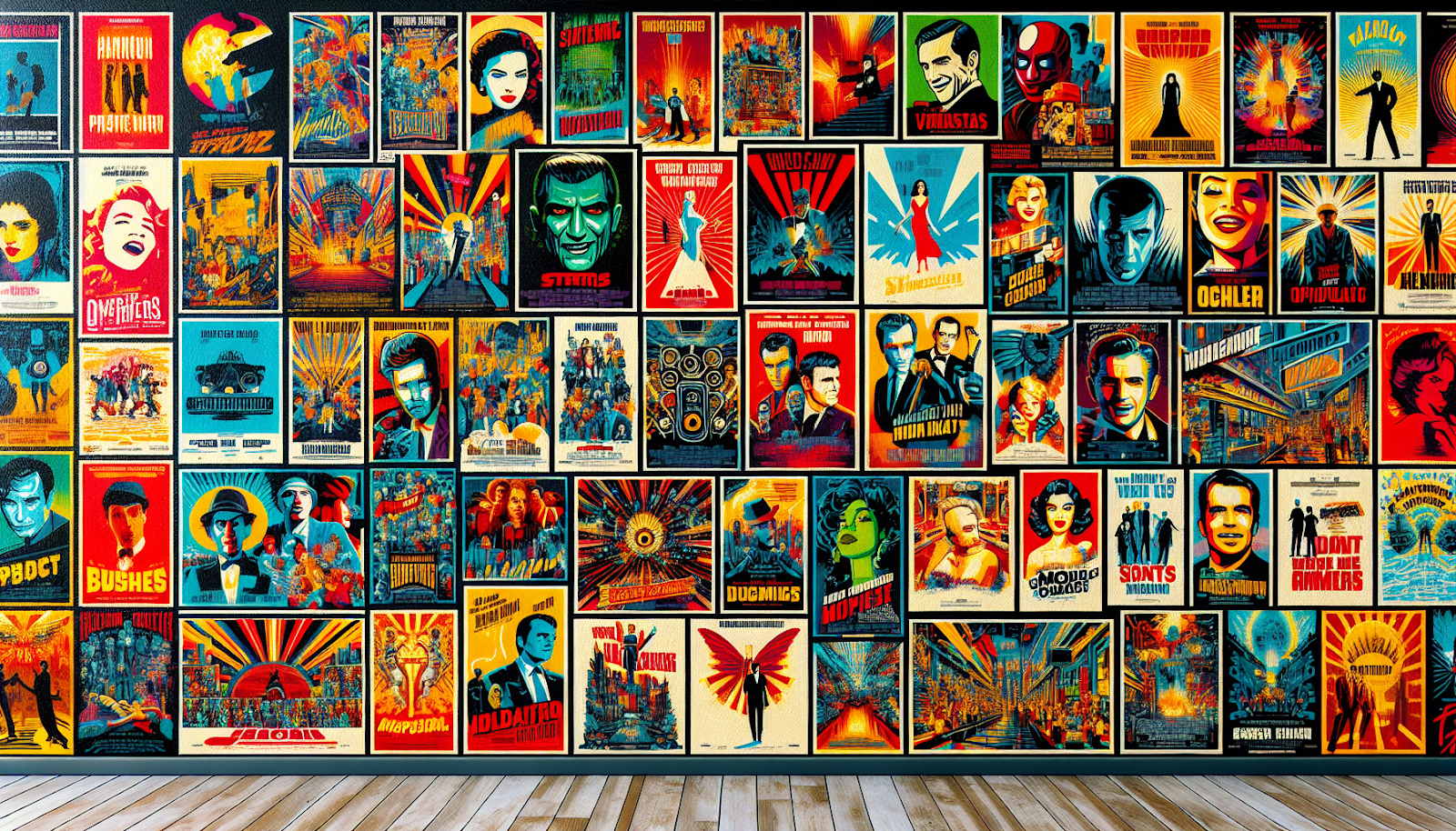 An artistic depiction of iconic movie posters on a wall, showcasing cinematic art.