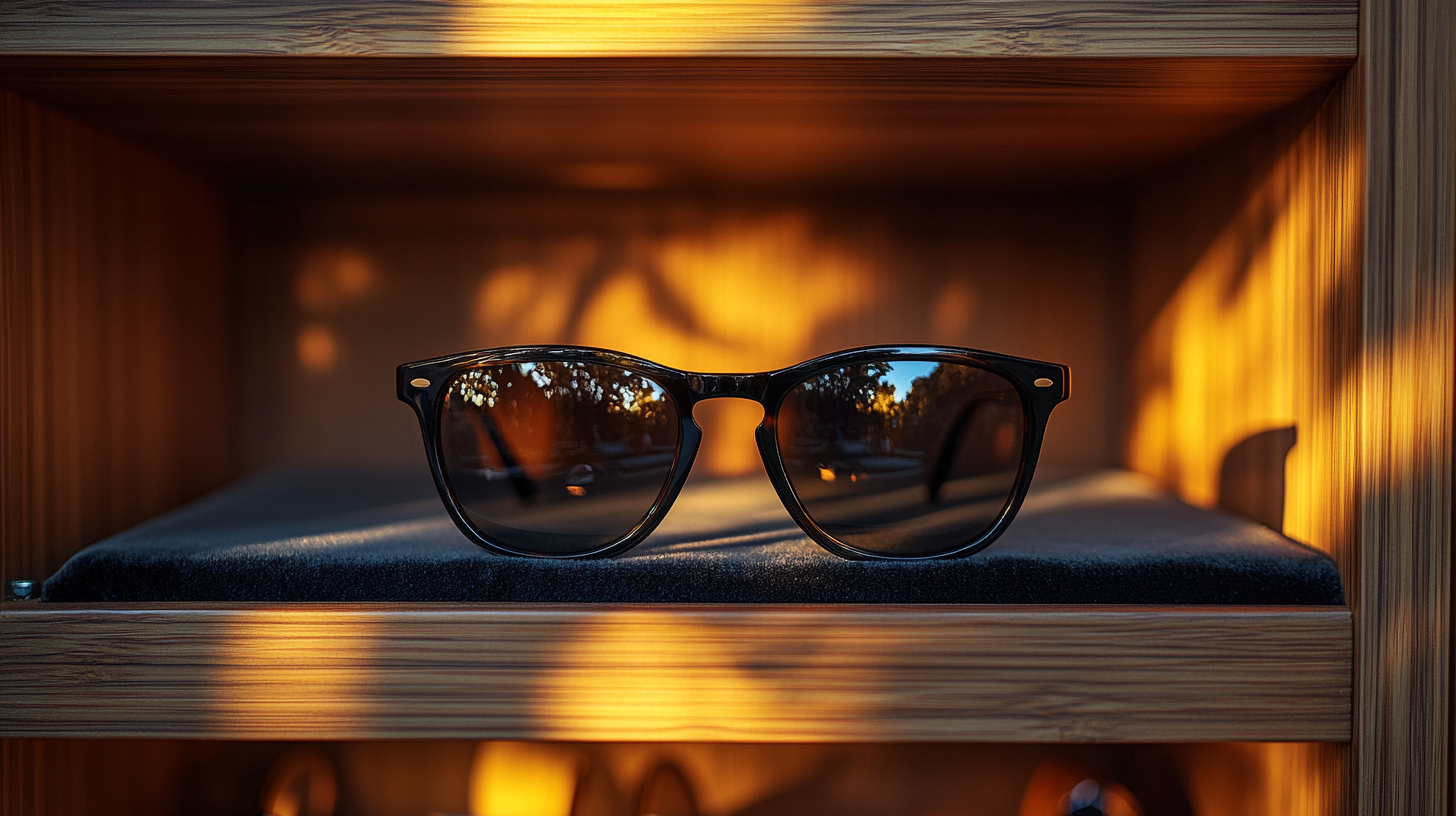 A pair of stylish sunglasses resting on a velvet-lined shelf inside an open wooden wardrobe. The frames are sleek and modern, with dark lenses reflecting soft lighting. The wardrobe’s polished wood and subtle shadows enhance the sophisticated feel.