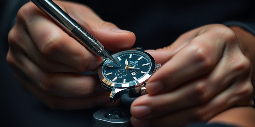 Watchmaker servicing a luxury watch with tools.