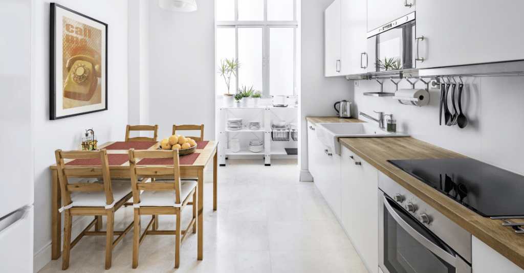 A kitchen in a house that is prepared for an Airbnb.