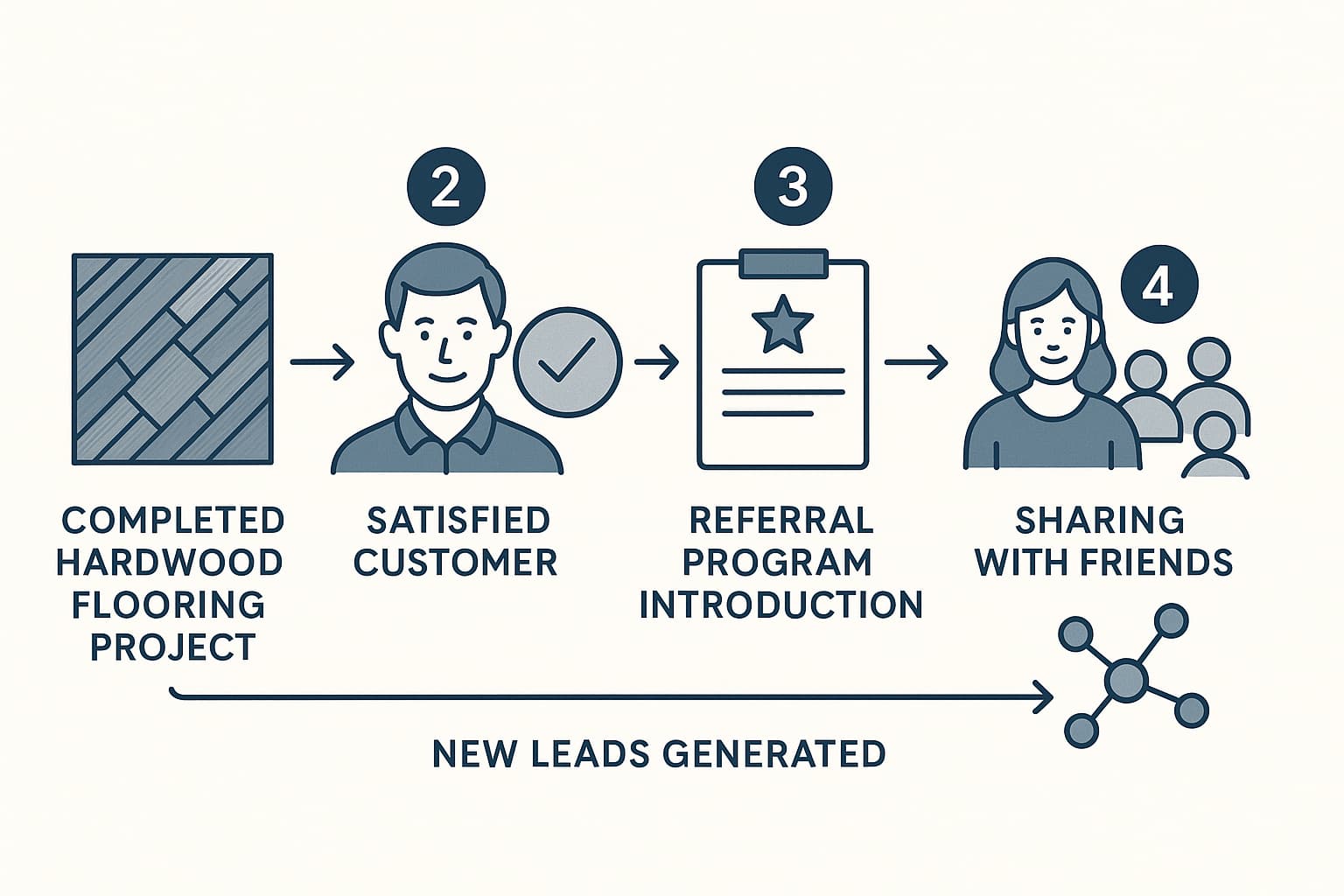 Customer journey timeline from flooring installation completion to generating referral leads, showing optimal timing for flooring contractor referral requests.
