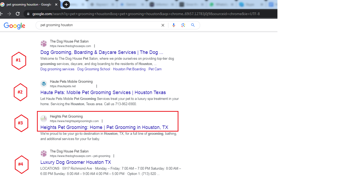 Google keyword rankings for the keyword "pet grooming Houston"