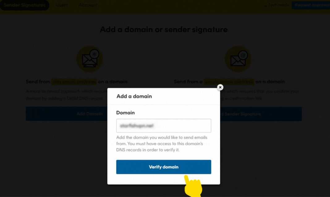 Add a domain box Verify domain