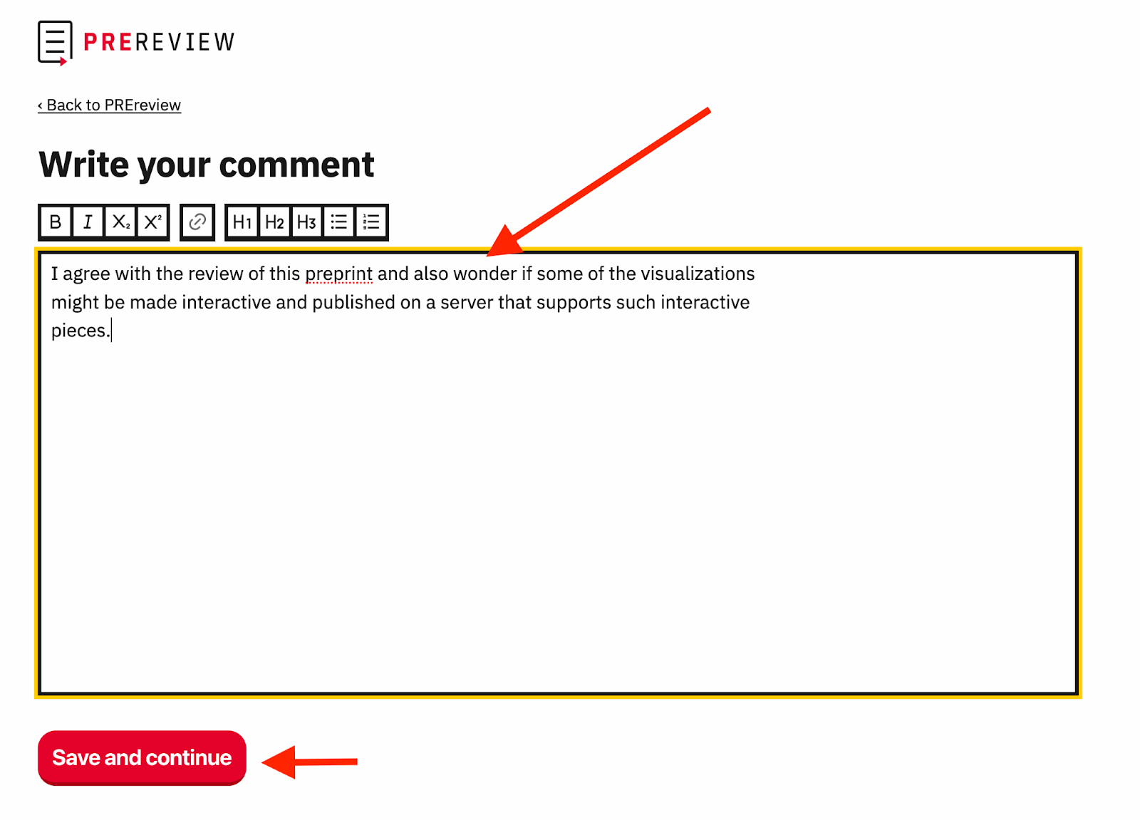 This is a screenshot from PREreview.org emphasizing where to compose your comment.