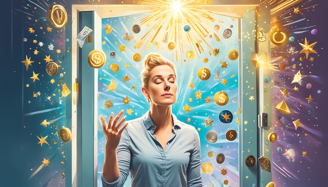 A person standing in front of a closed door with a determined expression on their face. The door is covered in symbols of positivity and abundance, such as stars, flowers, and dollar signs. The person has their eyes closed and is holding a crystal in one hand while the other hand rests on the doorknob. A beam of golden light shines down on them from above, indicating the universe's support.