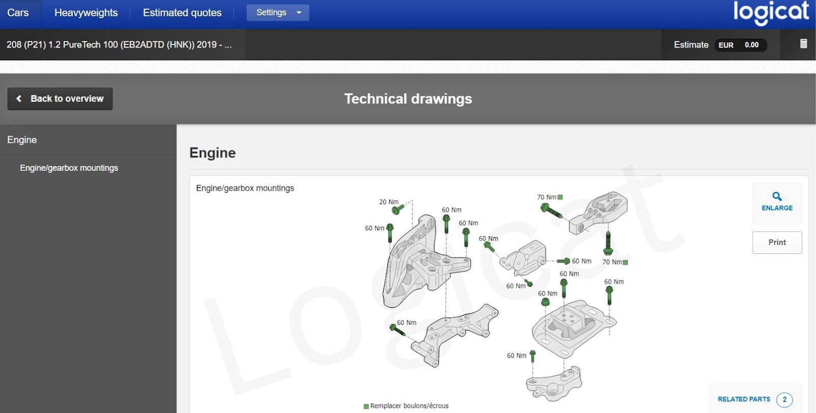 Mechanical coupling diagram, with an overview of the various parts involved in the Peugeot 208 model