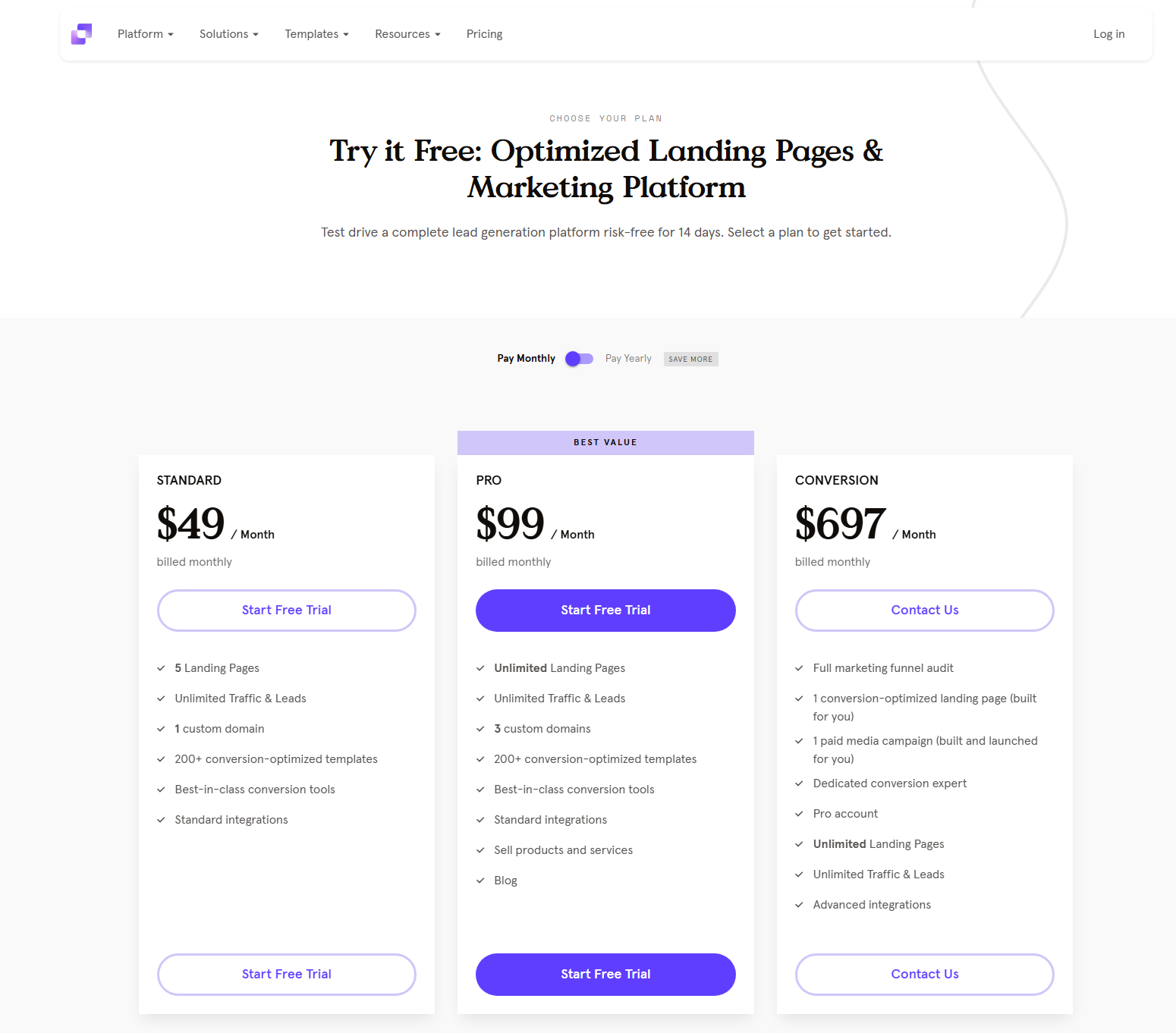 Leadpages pricing table with three plans billed monthly