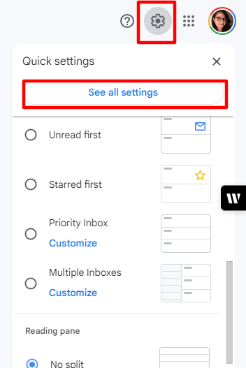 Settings screenshot in Gmail.