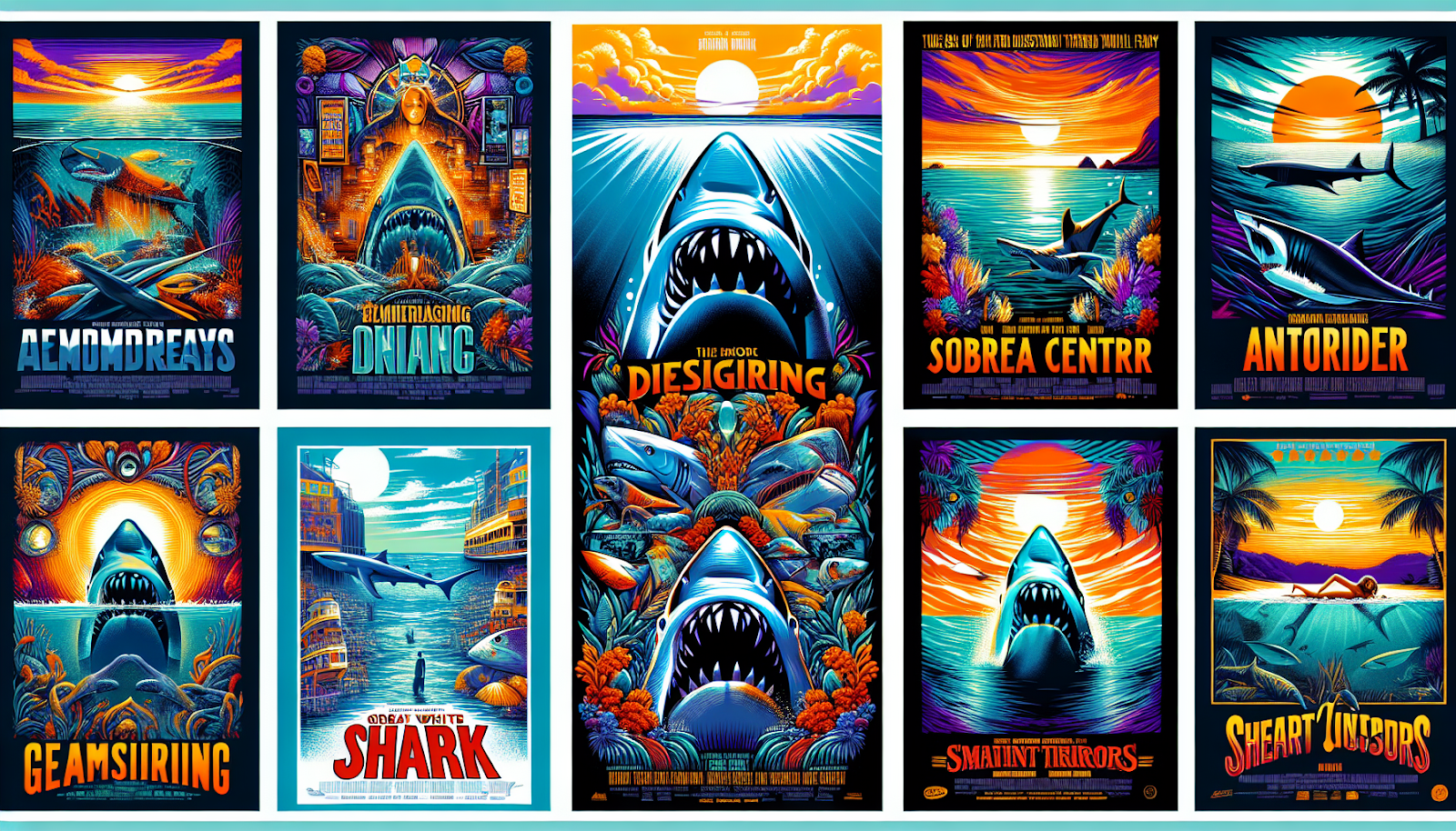 Iconic Jaws movie posters featuring the shark and movie title.