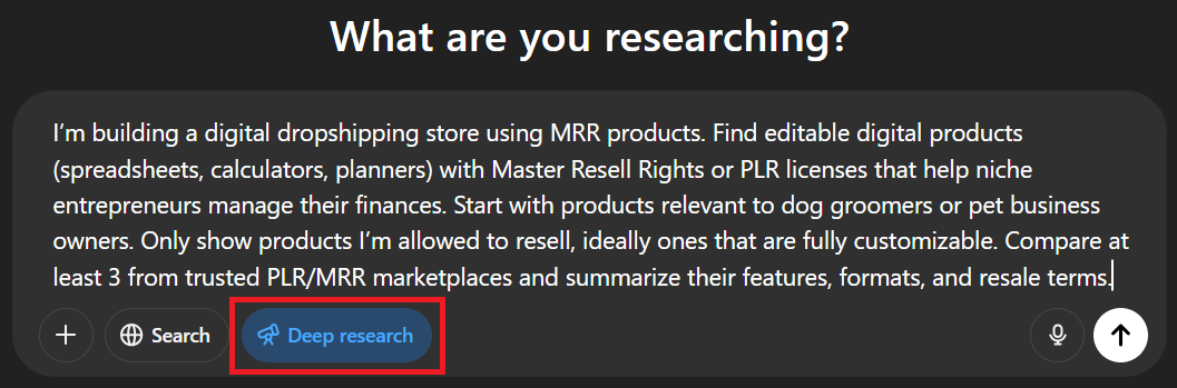 ChatGPT Deep Research digital dropshipping product