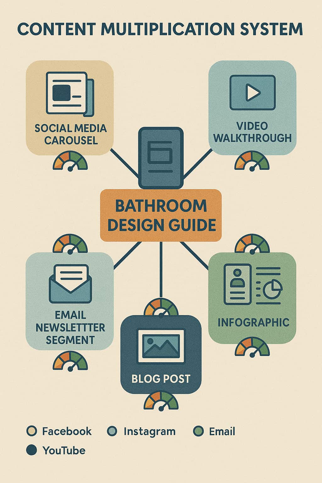 Content multiplication system infographic for bathroom design guide showing social media carousel, video walkthrough, email newsletter, blog post and infographic distribution across Facebook, Instagram, YouTube and email platforms.
