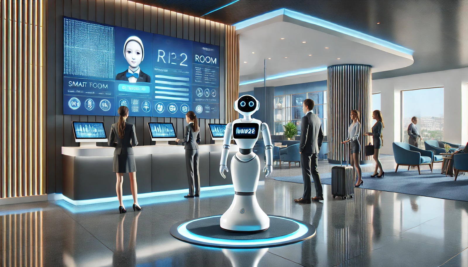 A modern hotel lobby with an AI-powered robot concierge greeting guests. The robot, named Connie, provides guests with information about hotel amenities and local attractions. In the background, a digital display shows smart room options, including voice-activated controls and automated check-in services.