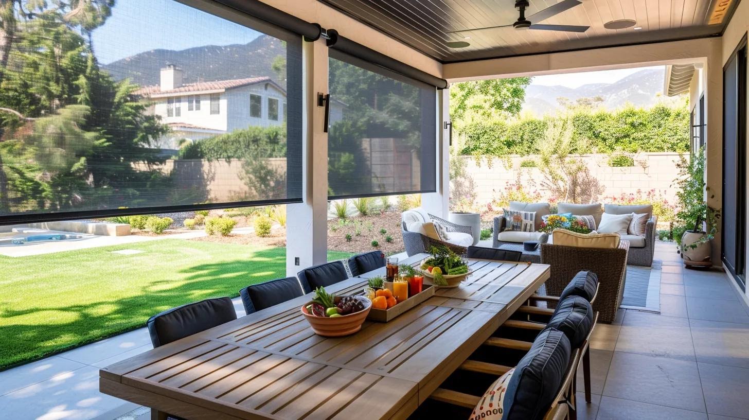 a sleek outdoor patio setting features a modern, durable bug screen with a tight mesh design, allowing unobstructed views of a beautifully arranged space, where family and friends enjoy a meal together, all while being shielded from pests and enhancing the privacy of their gathering.