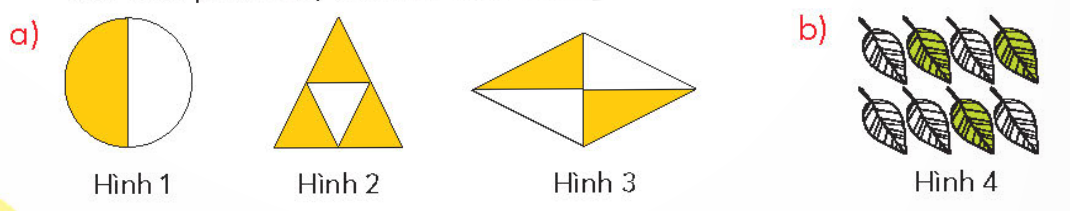 BÀI 60.PHÂN SỐTHỰC HÀNHBài 1: Viết rồi đọc phân số chỉ phần đã tô màu trong mỗi hình dưới đây. Với mỗi phân số, mẫu số cho biết gì, tử số chỉ gì?Đáp án chuẩn:Mẫu số cho biết có 8 chiếc lá bằng nhau. Tử số cho biết có 3 chiếc lá được tô màu. LUYỆN TẬPBài 1:Viết rồi đọc các phân số chỉ phần đã tô màu trong mỗi hình. Với mỗi phân số, mẫu số cho biết điều gì, tử số chỉ gì?Đáp án chuẩn: Bài 2:Tổ Hai được phân công trồng cây trên một mảnh đất. Các bạn chia mảnh đất thành 12 phần bằng nhau và trồng cây như sau:Viết phân số chỉ phần đất trồng mỗi loại cây trên mảnh đất.Đáp án chuẩn:Bài 3: Đáp án chuẩn:Câu đúng : a,b,dCâu sai: cVUI HỌC