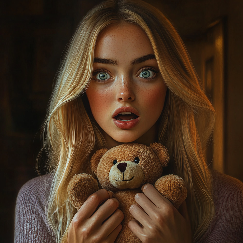 A startled woman holding a teddy bear | Source: Midjourney