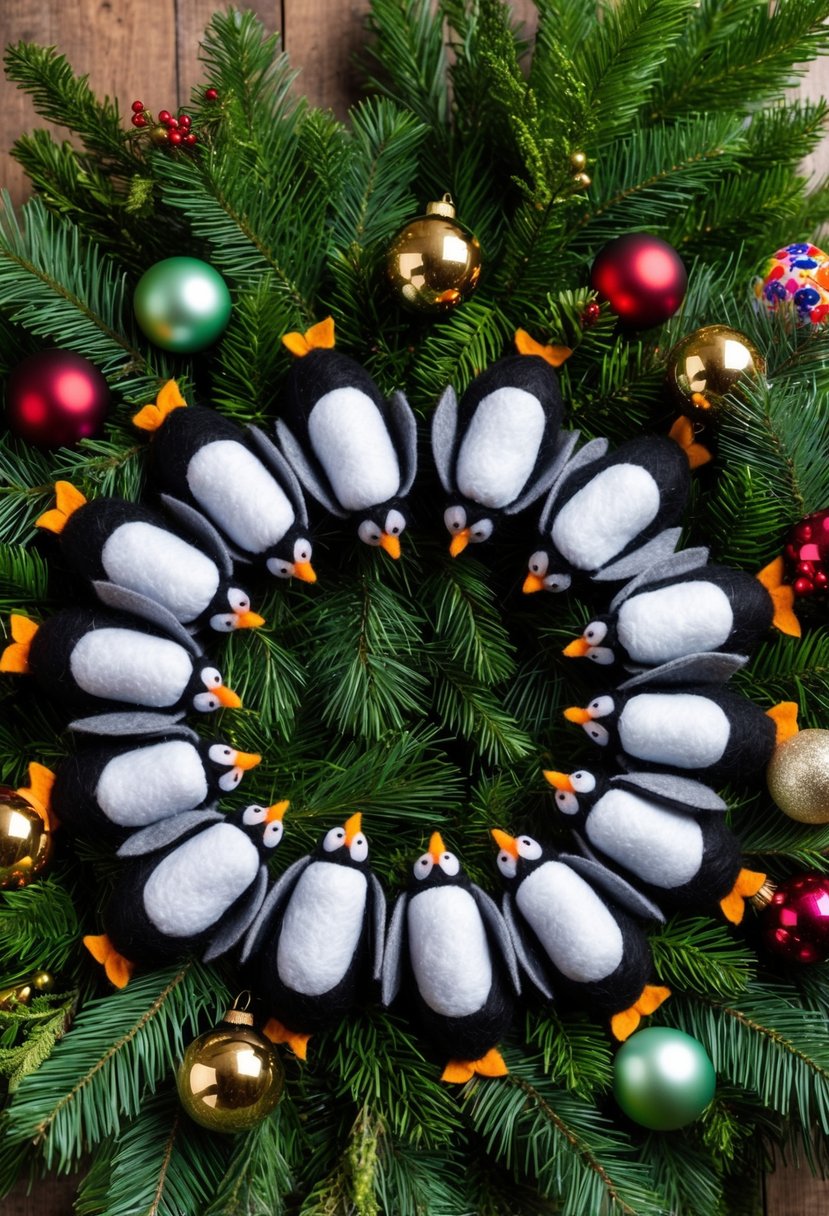 A group of felt penguins arranged in a circular wreath shape, surrounded by festive greenery and colorful ornaments