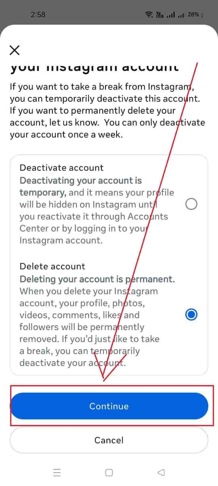 How to delete Instagram Account Without Password - Click Continue