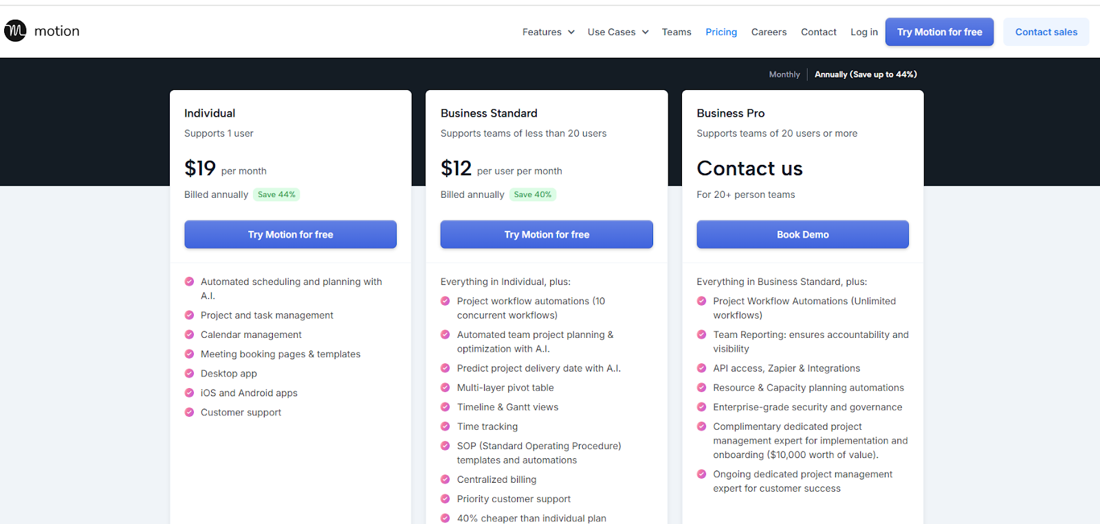 Use Moton Review: A screenshot of Use motion's pricing plans