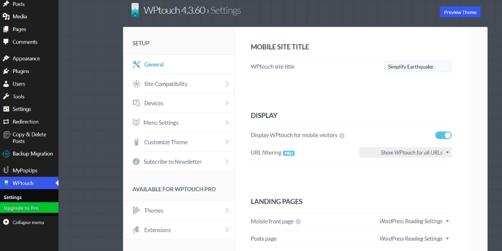 wptouch configuration dashboard