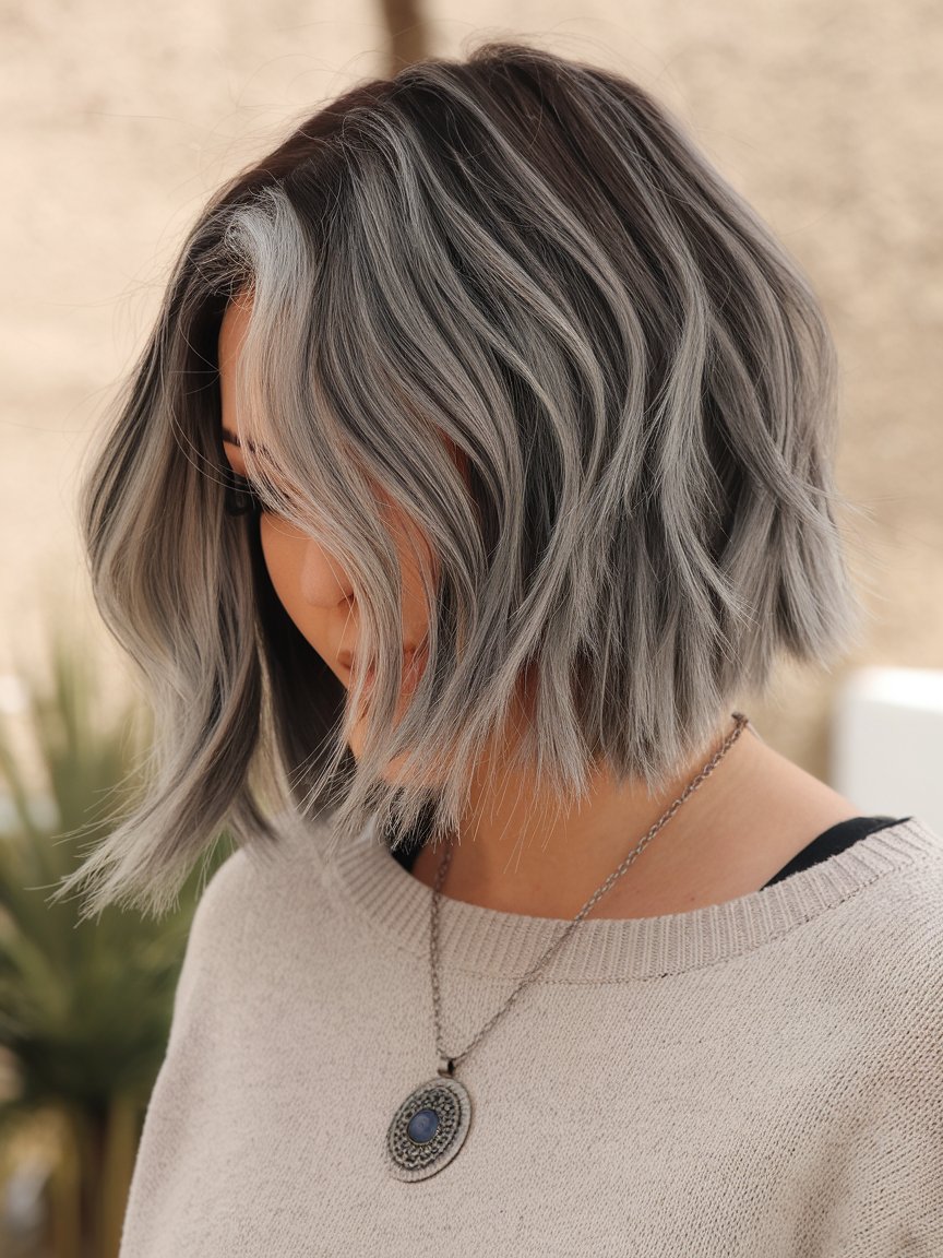 28. Gray Brown Inverted Bob Shag