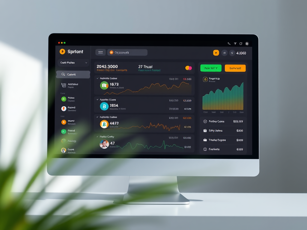 Create a realistic image of a sleek, modern computer screen displaying a simplified user interface for cryptocurrency account management, with clear icons and charts representing different digital assets, a sidebar showing multiple accounts, and a clean, minimalist design that emphasizes ease of use and organization.