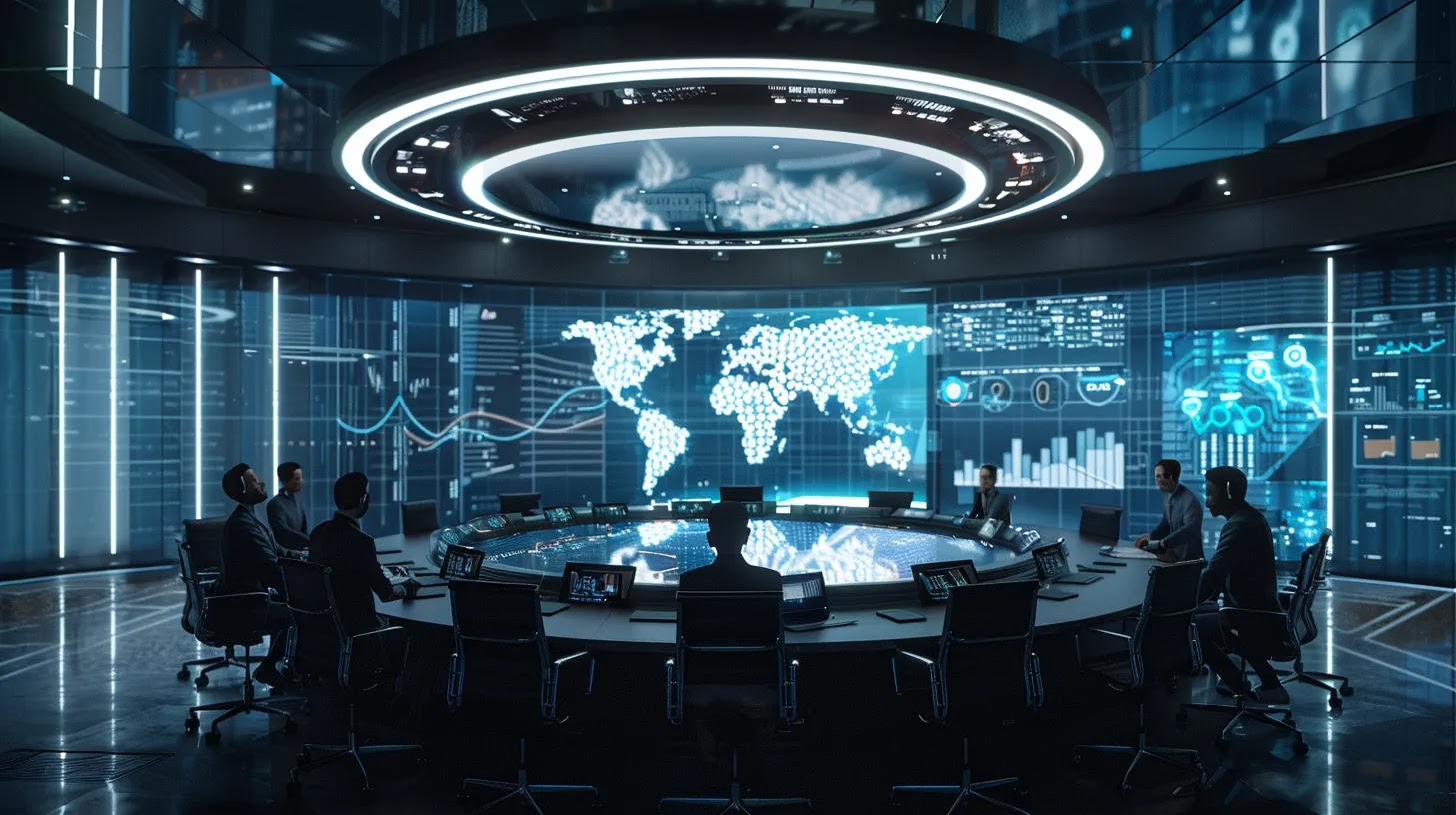 a sleek, modern office conference room features a large round table surrounded by professionals engaged in animated discussion, with charts and graphs projected on a screen, symbolizing dynamic market research and strategic brand positioning.