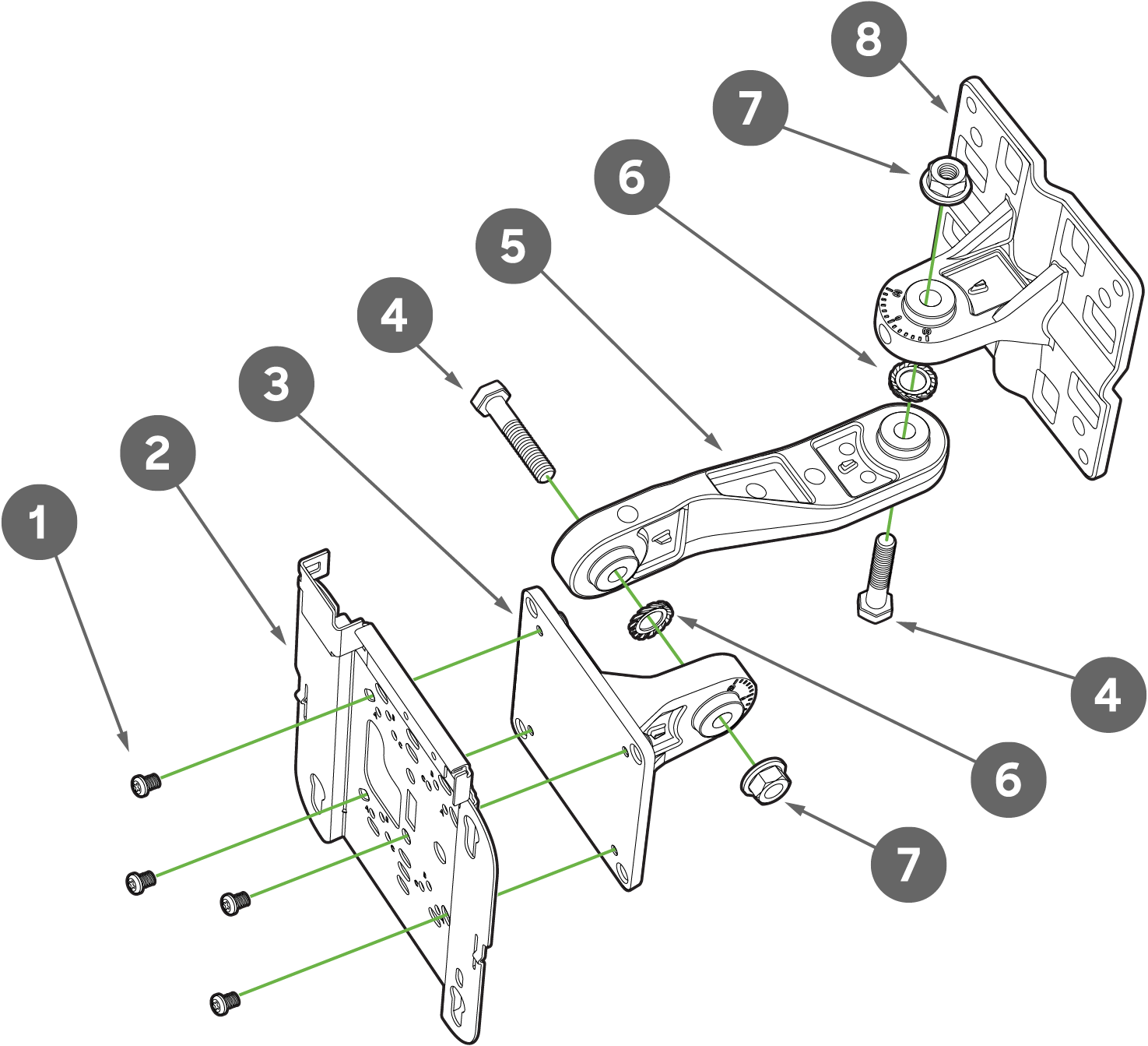 Meraki AP Installation Components:  M4 X 10mm screw with washer AIR-AP-BRACKET-2 (Not included in this kit.) Access point bracket plate M8 x40 Hex bolts Mounting arm M8 washer (external-tooth) M8 flanged lock nut Pole or wall mounting flange