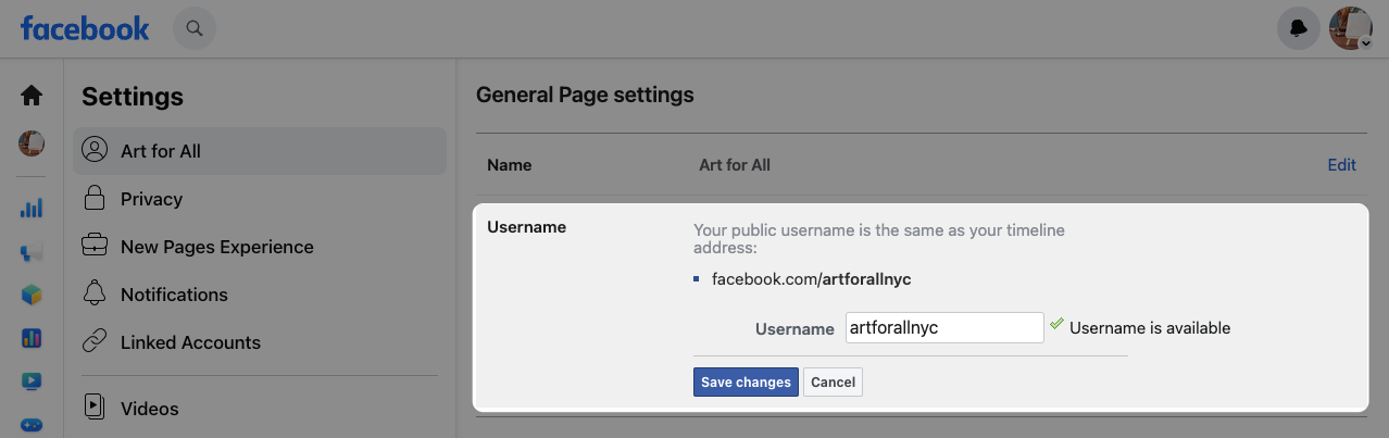 Username update options for Facebook business Page