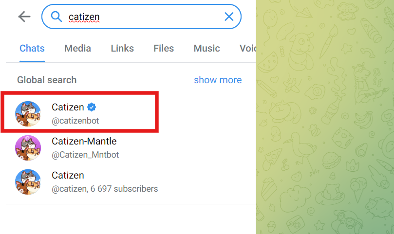 Search for "Catizen" on Telegram