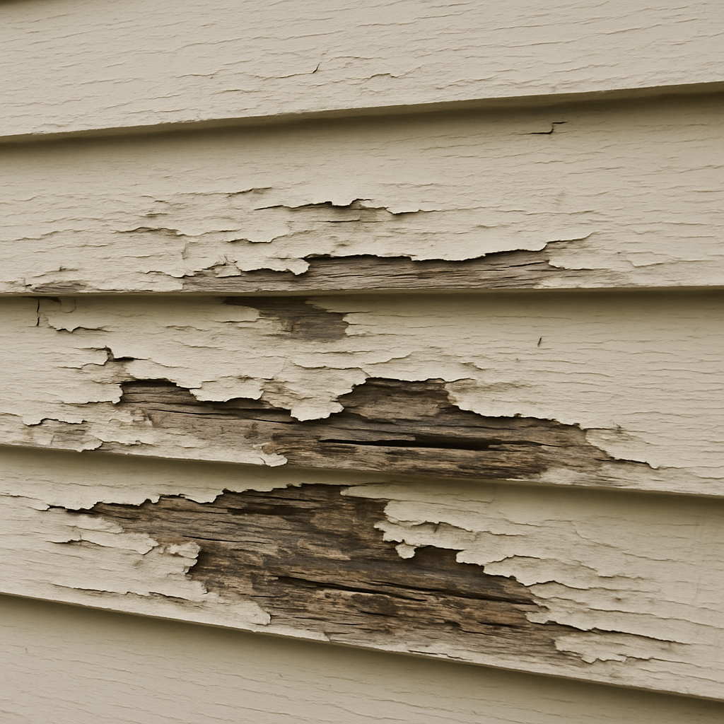 Close-up of weather damage on house siding