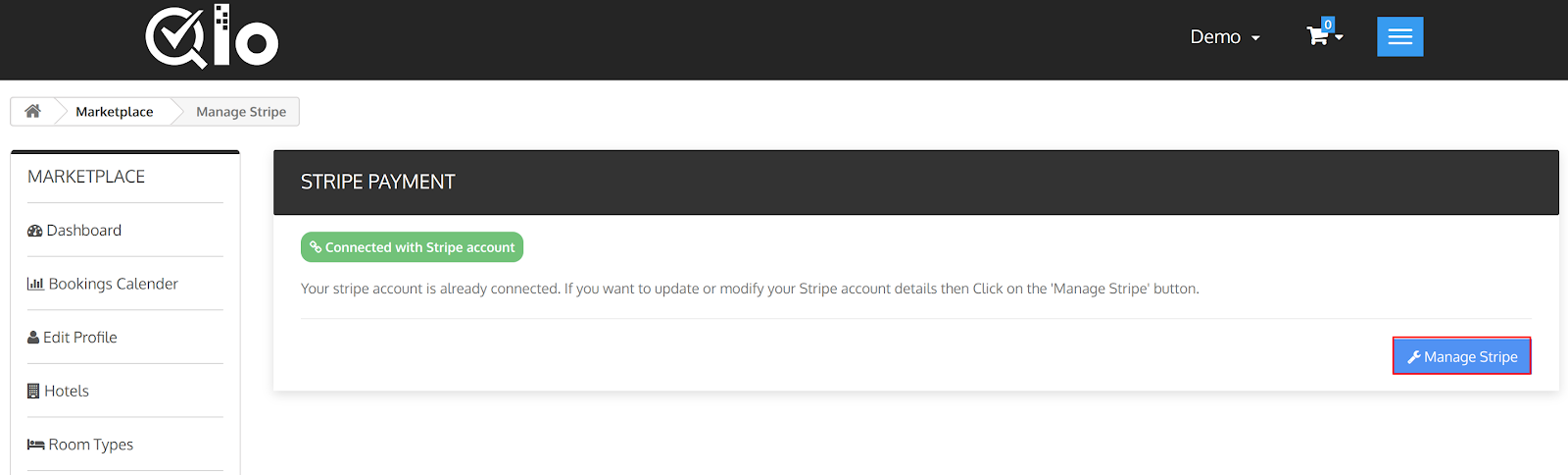 manage stripe option in seller account. 