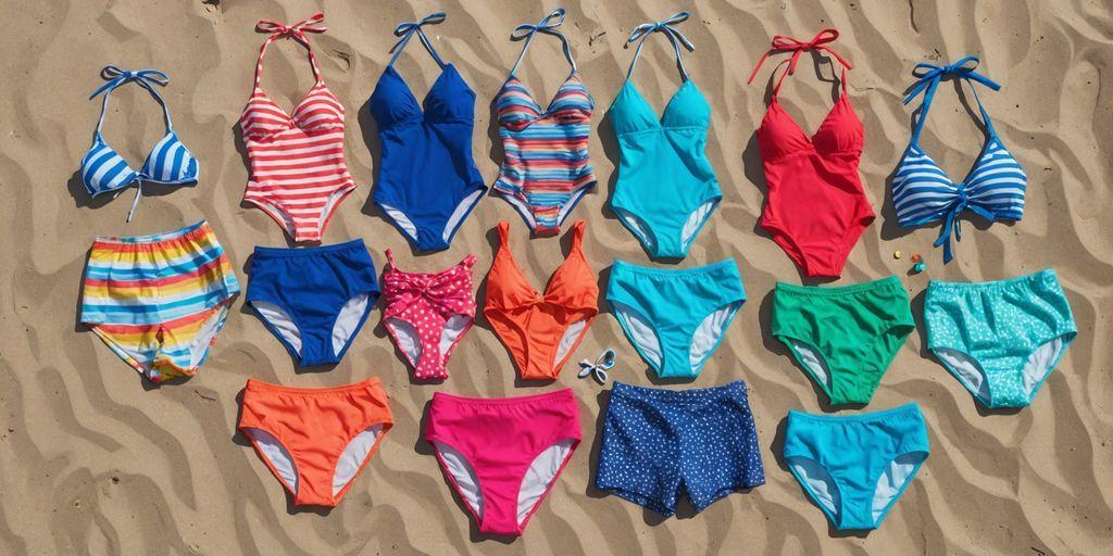 Various swimsuits on a beach with ocean view.