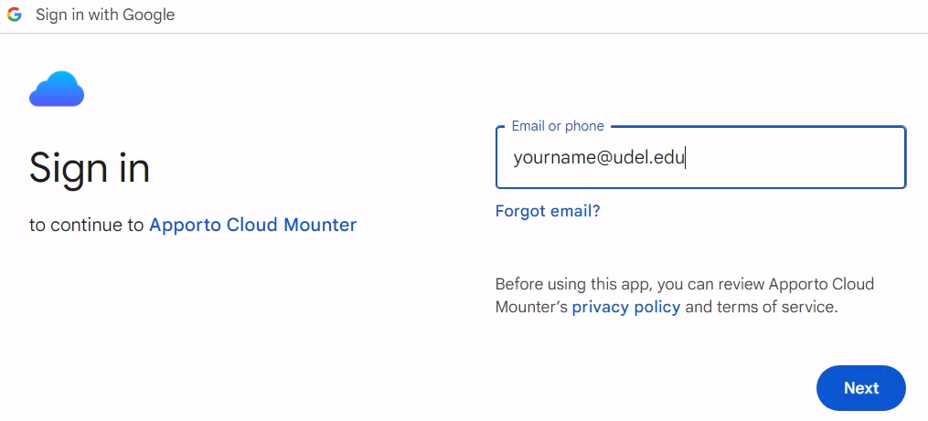 This Image shows the Apporto Could Mounter Sign In screen where you enter your UD email address.