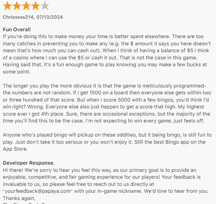 Bingo Cash Review on Apple App Store