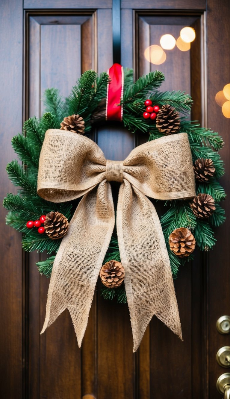 A rustic burlap bow wreath hangs on a wooden door, adorned with pinecones, berries, and a red ribbon