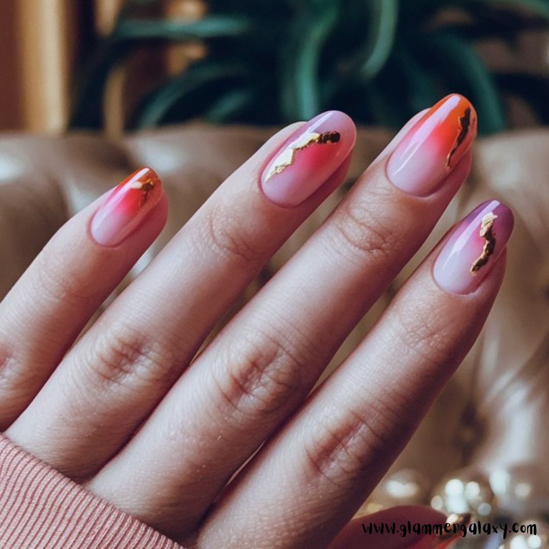 Classy Vacation Nails having Sunset Elegance with Gold Flecks
